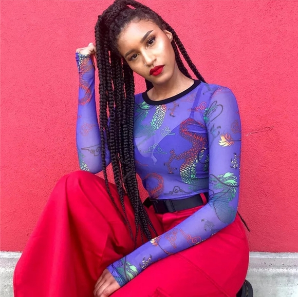 Mesh Dragon Long Sleeve Print 90s y2k style Top - Picture 9 of 14